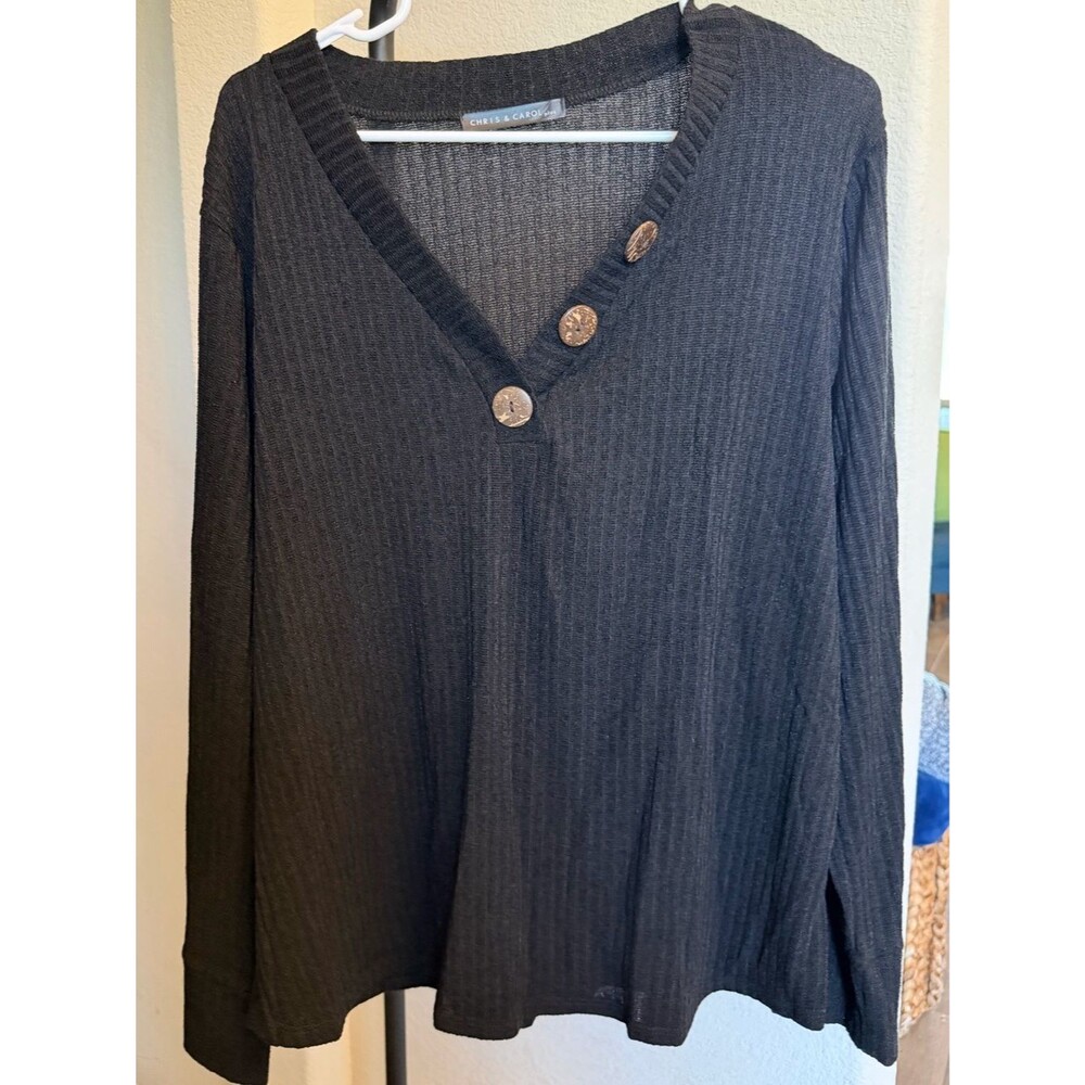 Chris & Carol Black Ribbed V-Neck Sweater with Decorative Buttons 3X